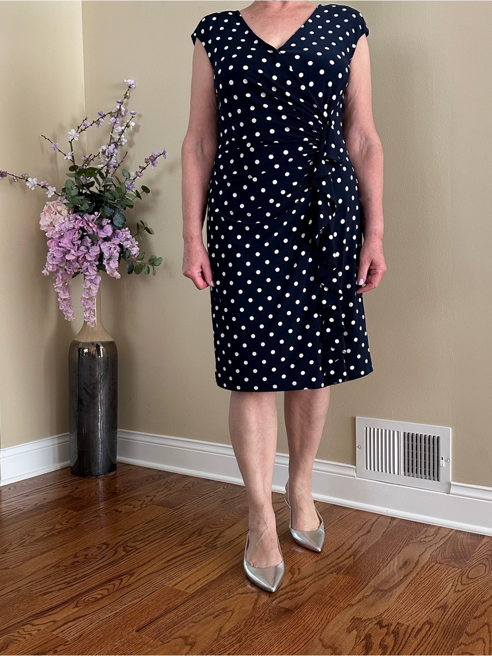 American Living Classic V-Neck Navy Blue Polka Dot Ruched Wrap Dress, Sz 14 Preo